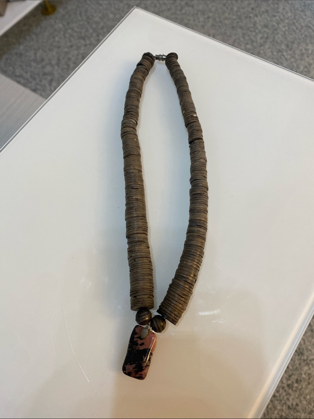 Handcrafted Brown Disc Bead Necklace with Pink and Black stone Pendant